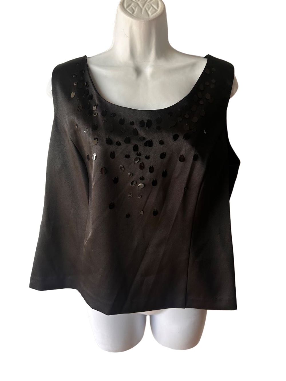 R&K Originals Black Satin Sequin Evening Top Size 16 Sleeveless Scoop Neck